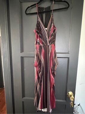 BCBGeneration Burgundy and Black Striped V-Neck Spaghetti Strap Maxi Dress